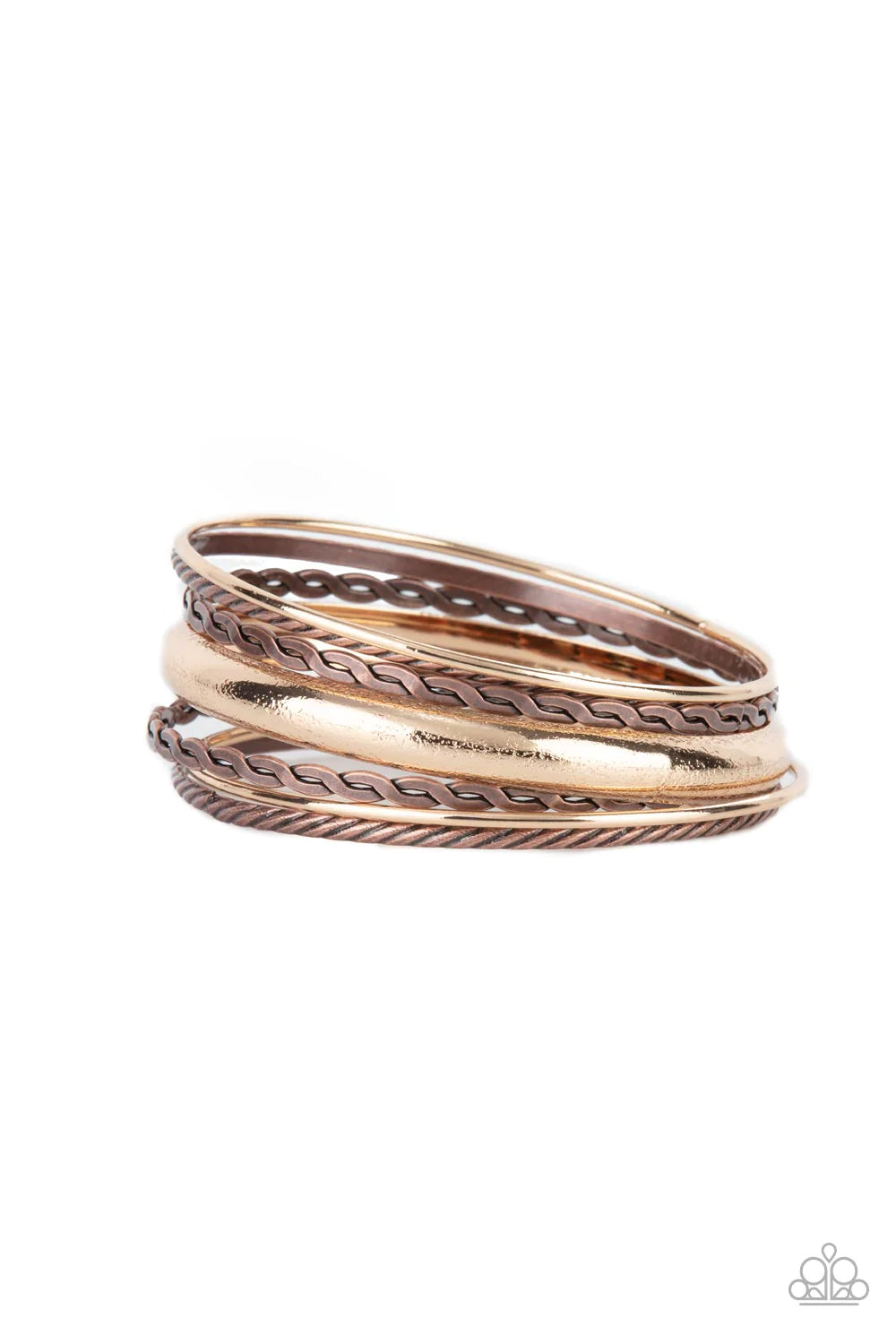 Paparazzi Accessories Trophy Texture - Multi Brushed in an antiqued finish, a mismatched collection of braided and hammered copper bangles join with shiny and textured gold bangles as they stack across the wrist for a classic mixed metallic look. Sold as