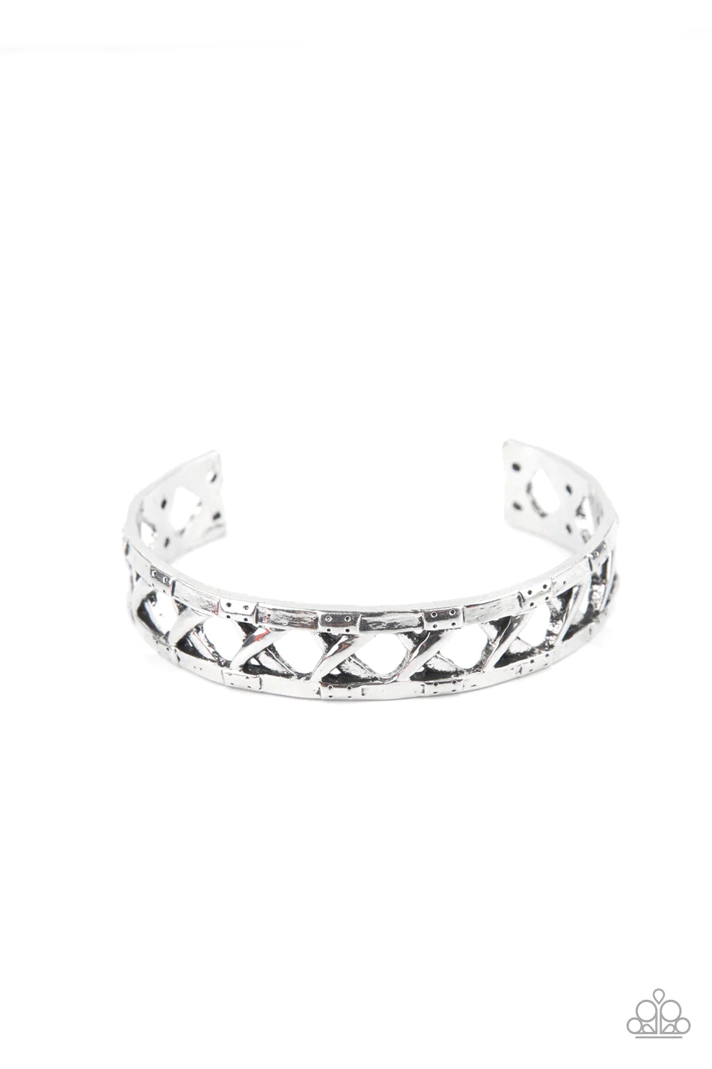 Paparazzi Accessories In Over Your METALHEAD - Silver Asymmetrical bars crisscross inside the airy center of a rustic silver cuff, creating an edgy display around the wrist. Sold as one individual bracelet. Jewelry