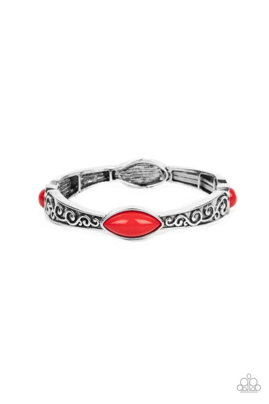 Paparazzi Accessories Veranda Variety - Red Dotted with round and marquise red beads, antiqued silver frames that are embossed in a vine-like motif are threaded along stretchy bands around the wrist for a colorful pop of seasonal inspiration. Sold as one