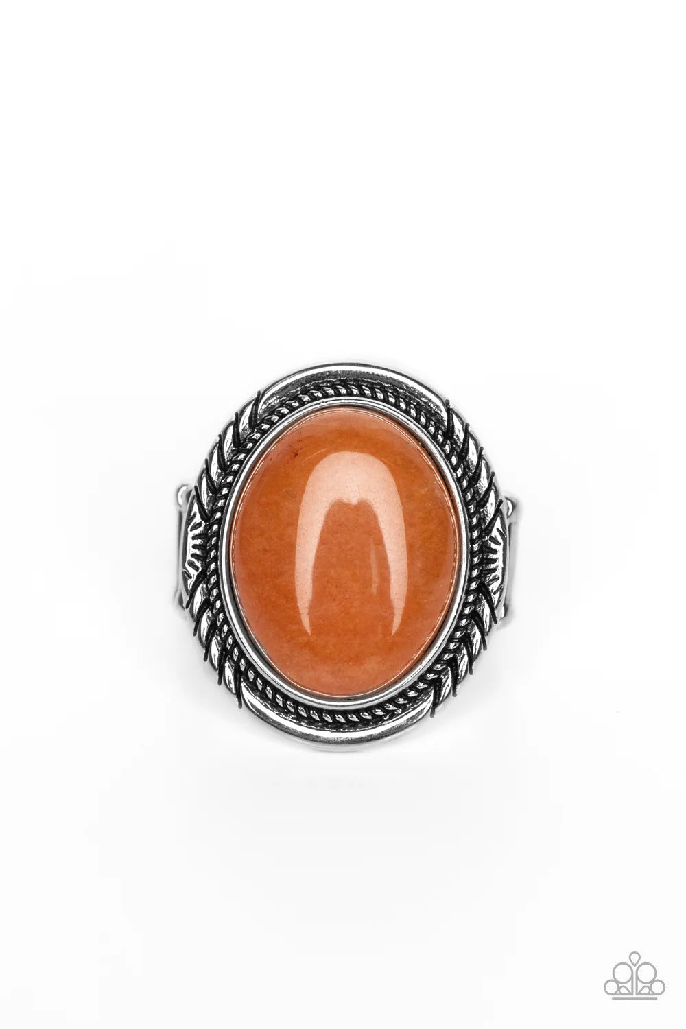 Paparazzi Accessories Stone Terrarium - Orange A glassy orange stone is nestled inside a textured silver frame, creating a mystical stone centerpiece atop the finger. Features a stretchy band for a flexible fit. As the stone elements in this piece are nat