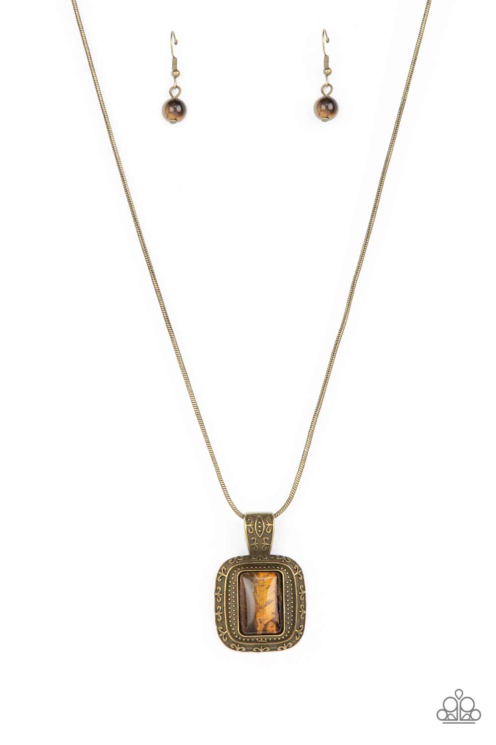 Paparazzi Accessories Right Hand TALISMAN - Brass A rectangular tiger's eye stone is pressed into the center of a studded brass frame bordered in decorative filigree at the bottom of a rounded brass snake chain, creating a mystical talisman below the coll