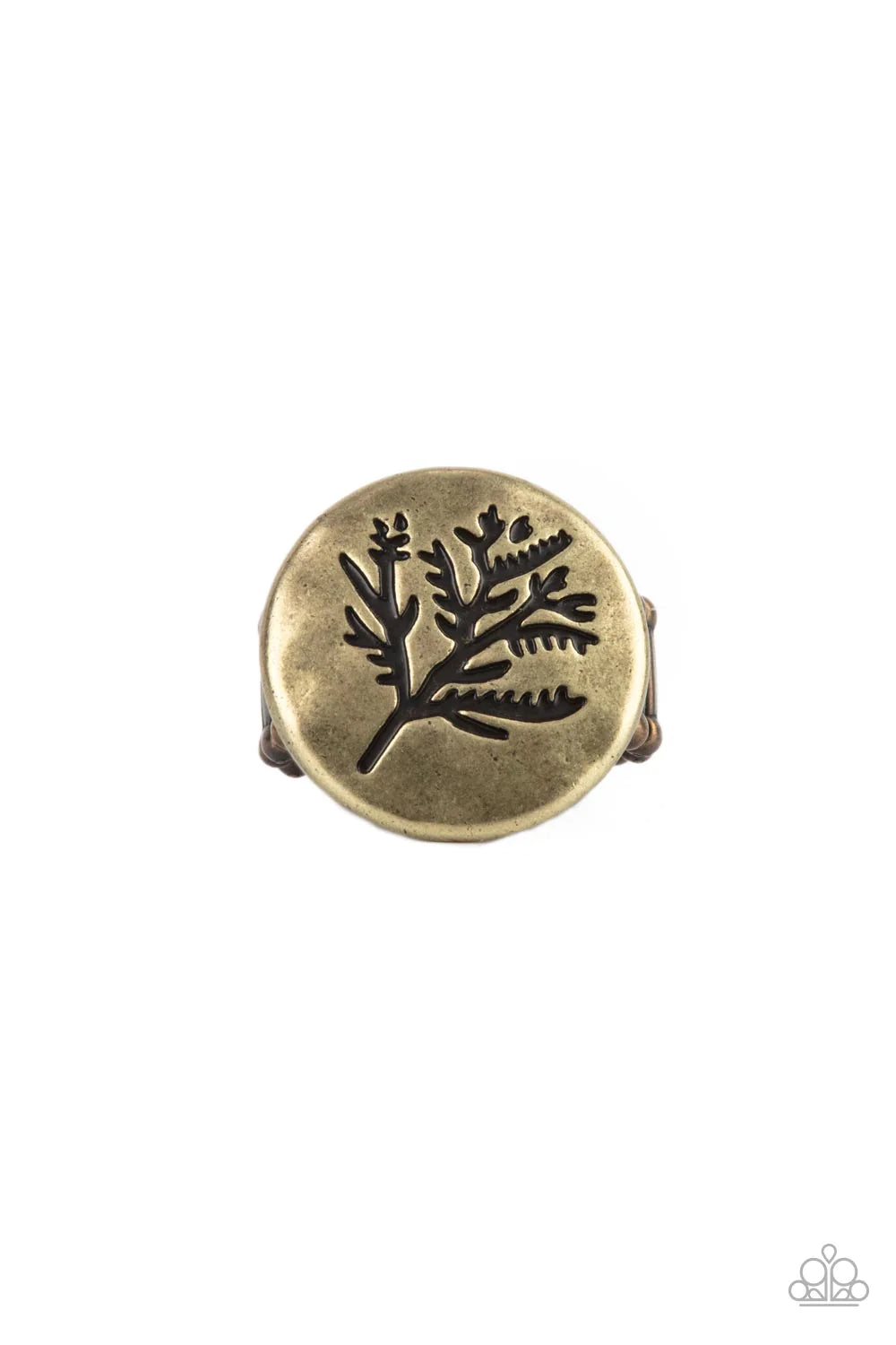 Paparazzi Accessories Branched out Beauty - Brass Featuring a subtle hammered finish, a rustic brass disc is stamped in a leafy tree pattern for a simple seasonal look atop the finger. Features a stretchy band for a flexible fit. Sold as one individual ri