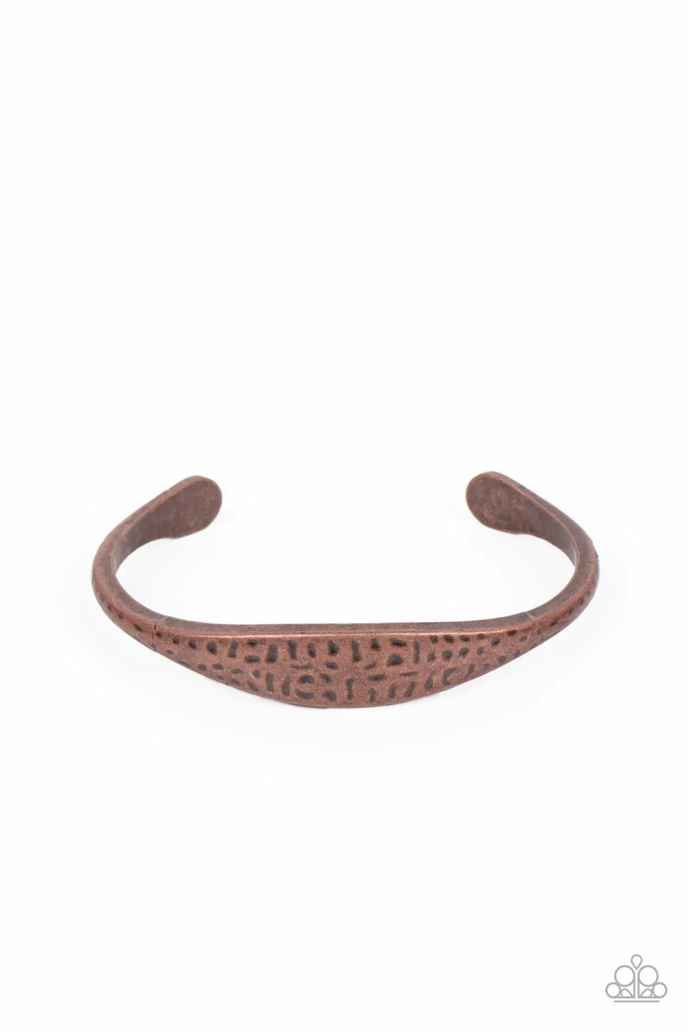 Paparazzi Accessories Ancient Accolade - Copper The center of a dainty copper cuff is flattened and hammered in antiqued details, creating a chic rustic centerpiece around the wrist. Sold as one individual bracelet. Jewelry