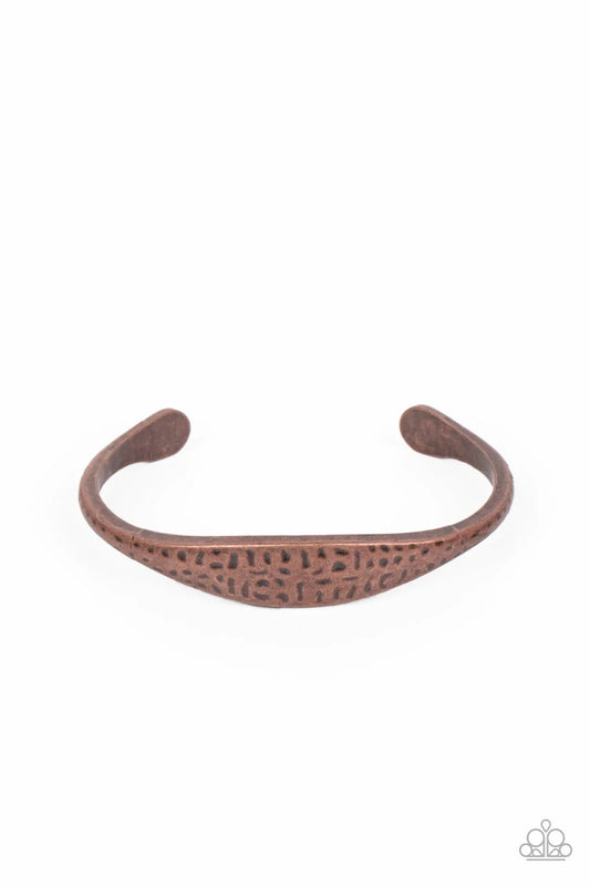 Paparazzi Accessories Ancient Accolade - Copper The center of a dainty copper cuff is flattened and hammered in antiqued details, creating a chic rustic centerpiece around the wrist. Sold as one individual bracelet. Jewelry