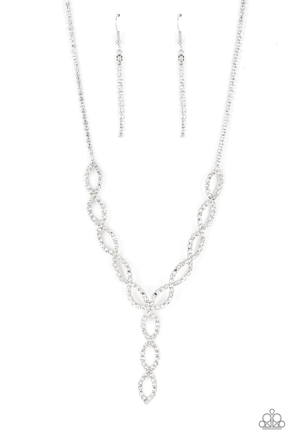 Paparazzi Accessories Infinitely Icy - White Strands of glassy white rhinestones delicately loop into interlocking infinities below the collar, drizzling into an icy extended pendant for a statement-making finish. Features an adjustable clasp closure. Sol