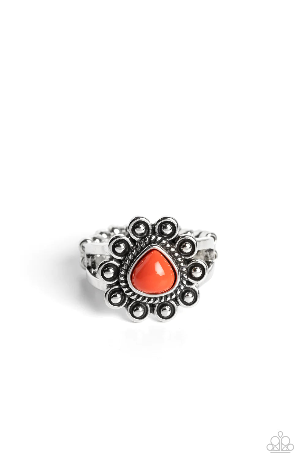 Paparazzi Accessories Fruity Frou-Frou - Orange Dainty silver petals bloom from a teardrop burnt orange bead center, creating a playful pop of color atop layered silver bands. Features a dainty stretchy band. Sold as one individual ring. Jewelry