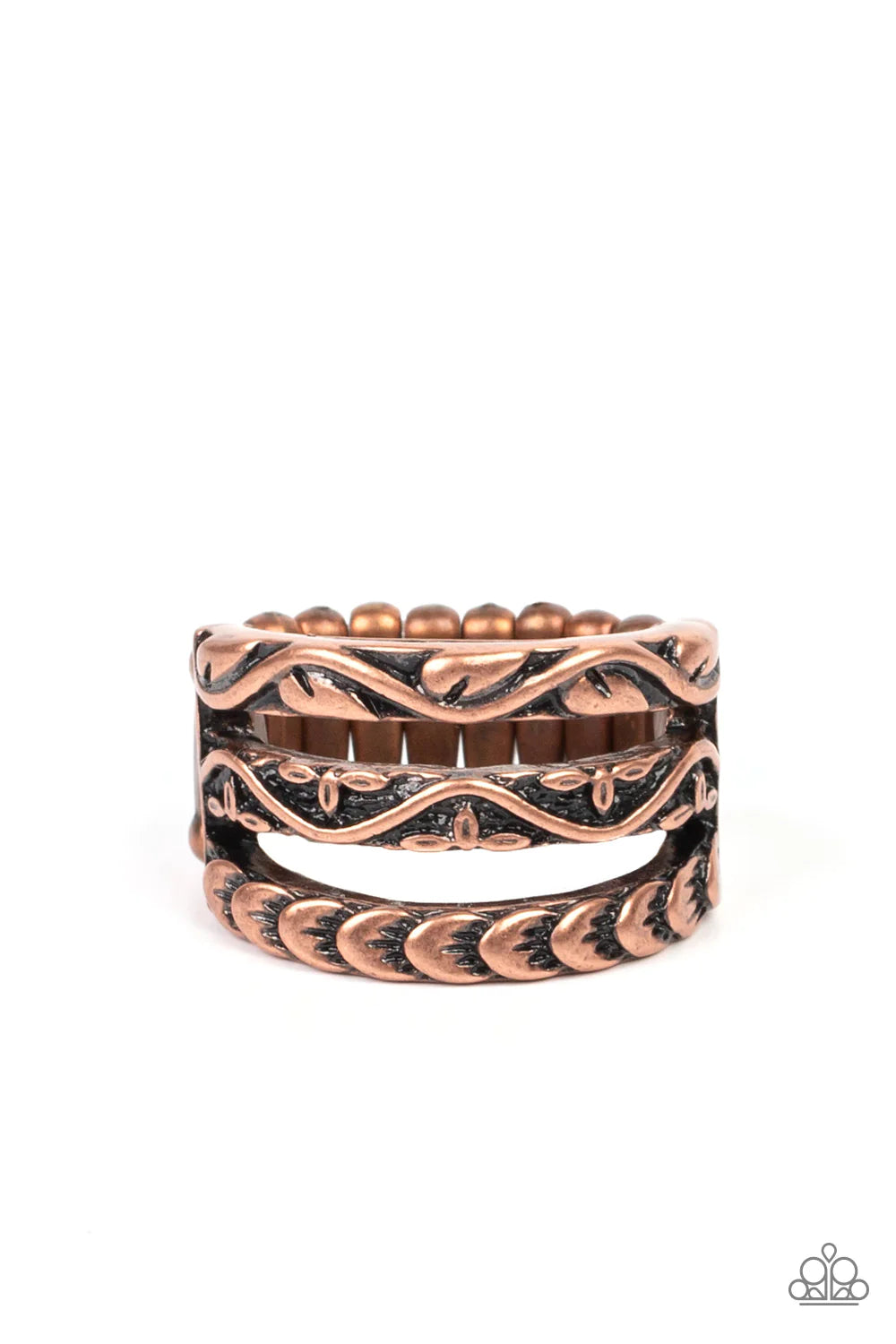 Paparazzi Accessories Canyon Canopy - Copper Three copper bands, embellished with floral motifs, stack into an airy display atop the finger. Features a stretchy band for a flexible fit. Sold as one individual ring. Jewelry