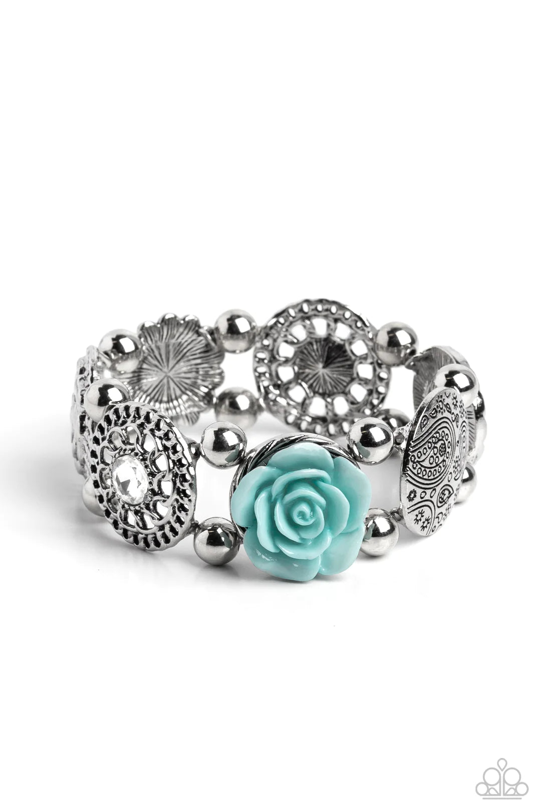 Paparazzi Accessories Optimistic Oasis - Blue Whimsically woven around the wrist on elastic stretchy bands, a Spun Sugar resin rose, a silver disc stamped with a paisley motif, an oversized white gem encased in a textured silver frame, an airy, textured w