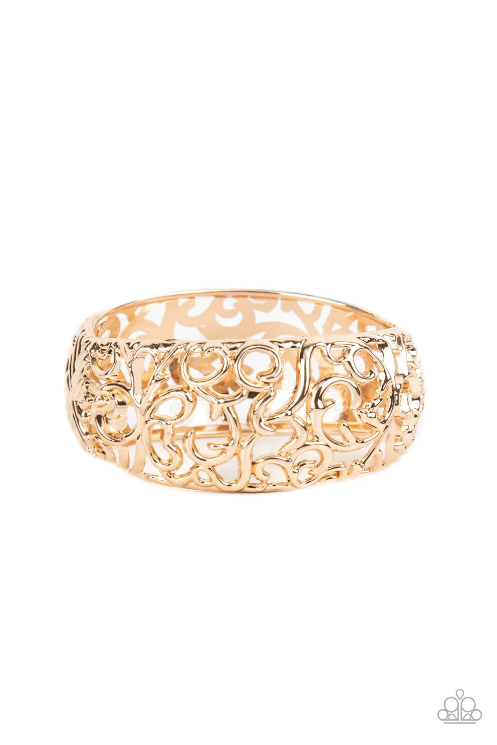 Paparazzi Accessories Courtyard Couture - Gold Glistening gold vine-like filigree enchantingly twines across the centers of two airy gold frames that delicately hinged into a bangle-like bracelet, resulting in a regal centerpiece. Features a hinged closur