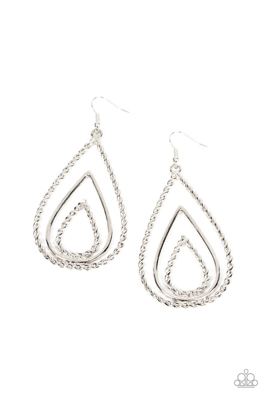 Paparazzi Accessories Tastefully Twisty - Silver Brushed in a brilliant shimmer, smooth and twisted silver teardrops stack into a rippling glimmery lure. Earring attaches to a standard fishhook fitting. Sold as one pair of earrings. Jewelry