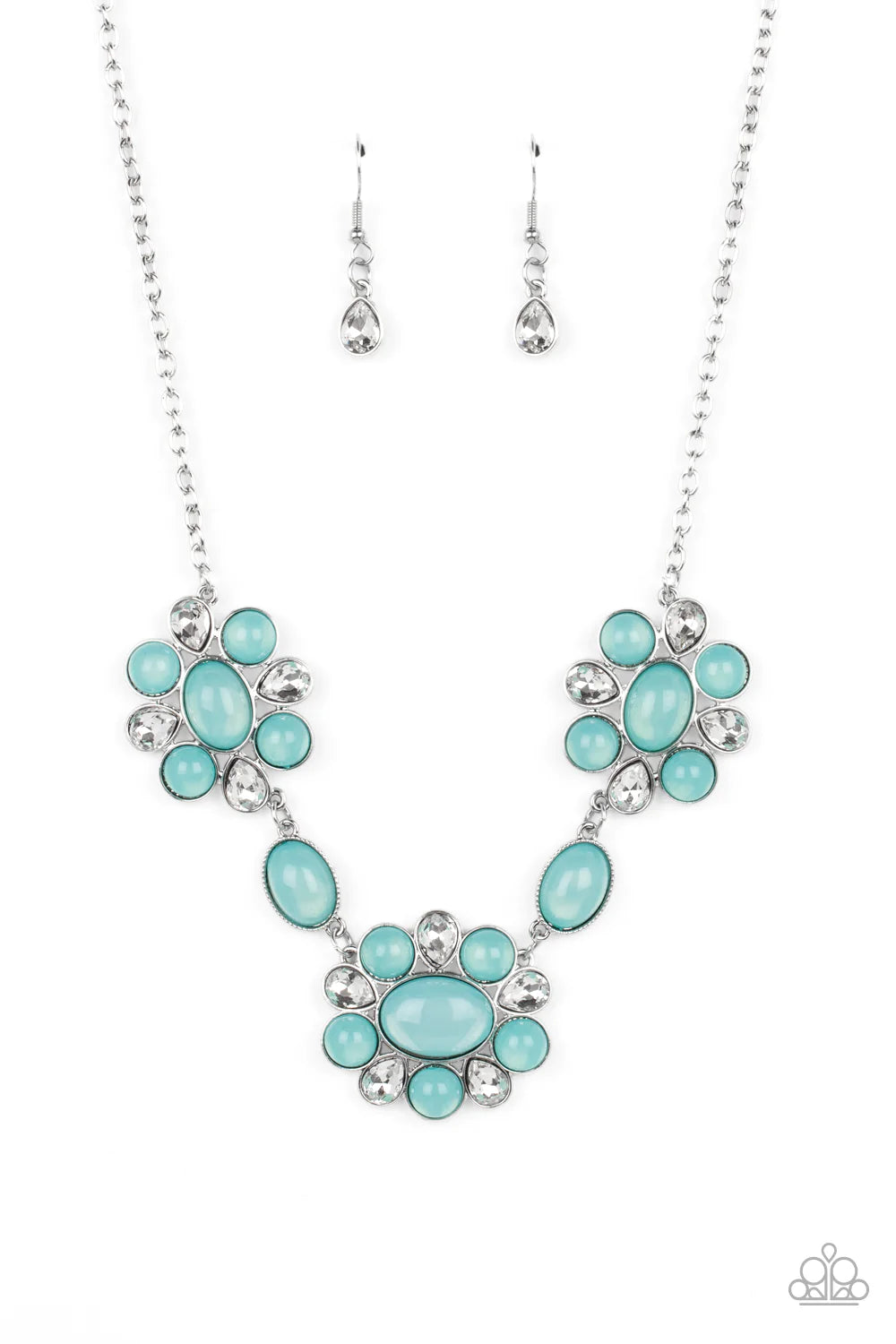 Paparazzi Accessories Your Chariot Awaits - Blue Brilliant, white, teardrop-shaped rhinestones, set in silver fittings, are set between glassy opalescent beads in the tranquil shade of Waterspout, wrapping around an oval bead in the same blue tint to crea