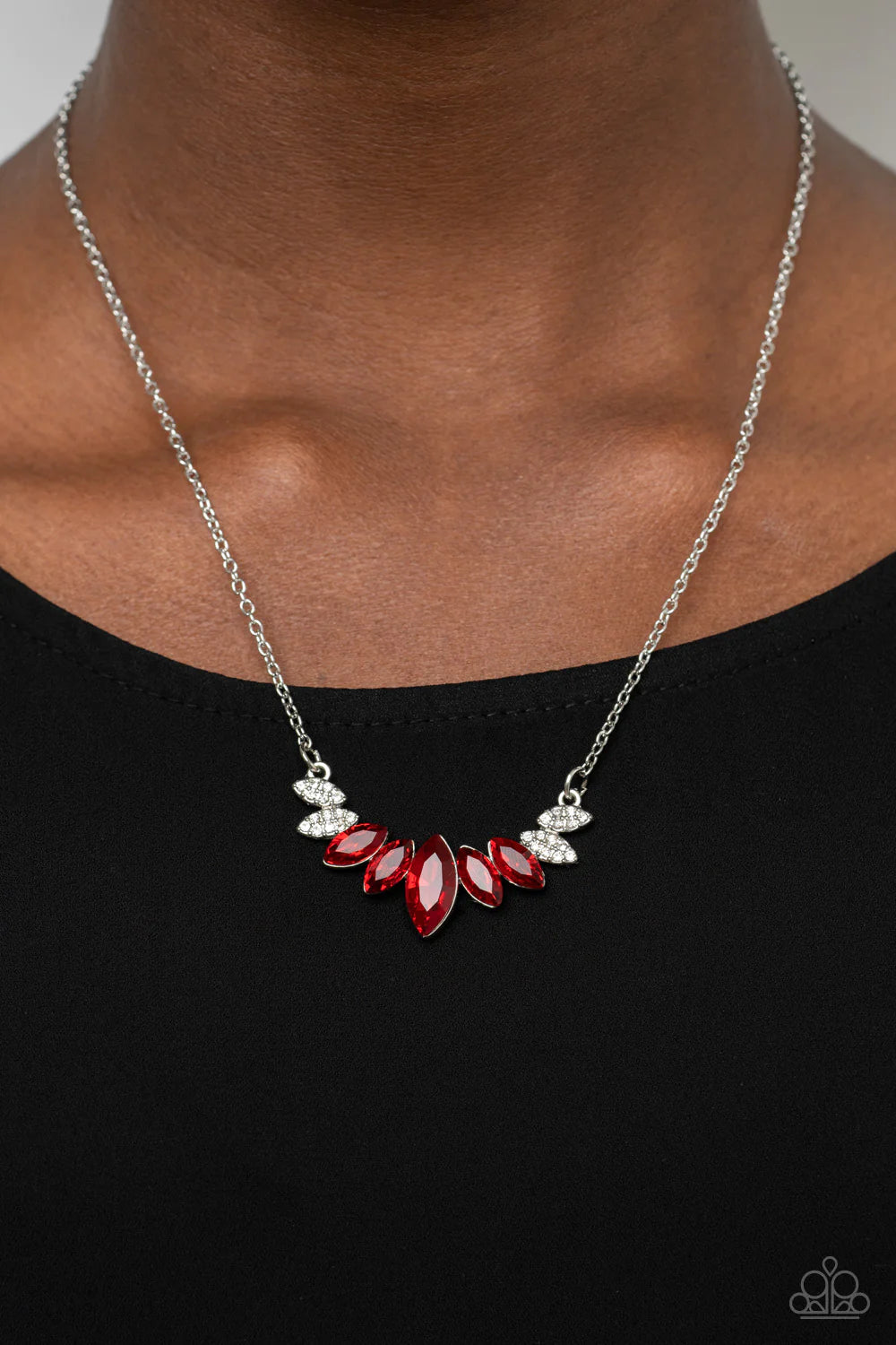 Paparazzi Accessories One Empire At A Time - Red A fan of fiery red marquise cut rhinestones is flanked by pairs of white rhinestone encrusted silver frames at the bottom of a dainty silver chain, resulting in a regal centerpiece below the collar. Feature