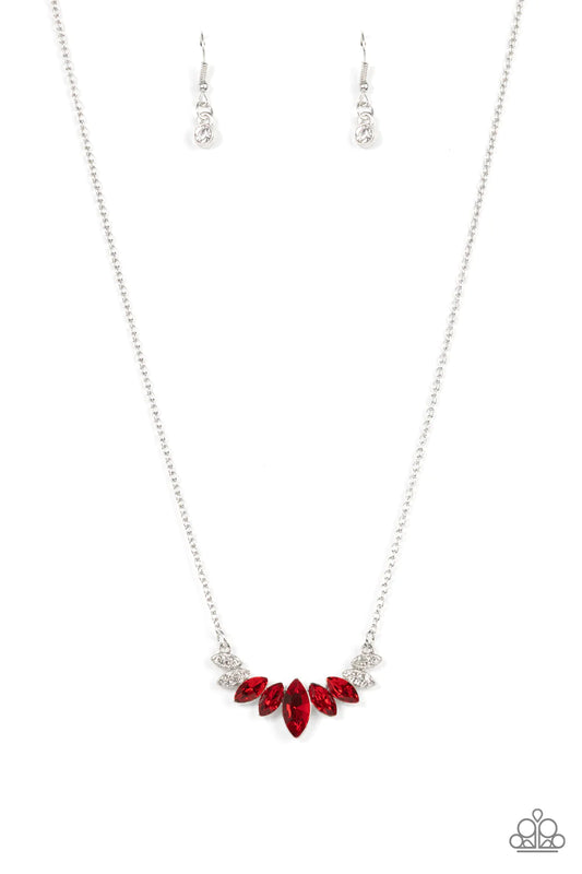 Paparazzi Accessories One Empire At A Time - Red A fan of fiery red marquise cut rhinestones is flanked by pairs of white rhinestone encrusted silver frames at the bottom of a dainty silver chain, resulting in a regal centerpiece below the collar. Feature