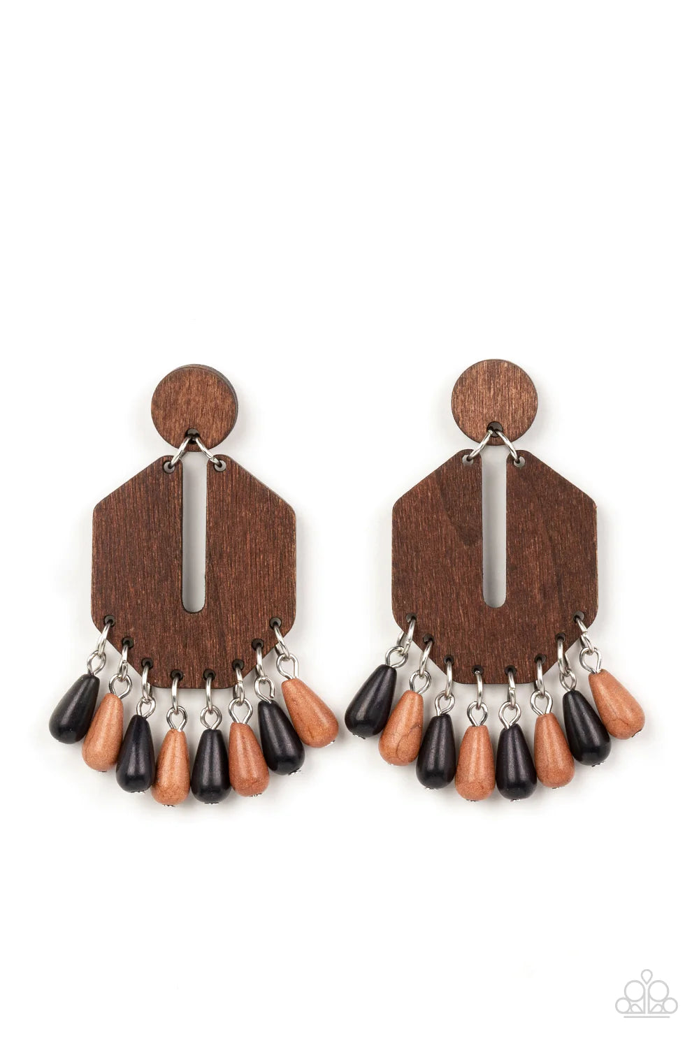 Paparazzi Accessories Western Retreat - Multi Teardrop black and brown stone beads sway from the bottom of an airy, geometric wooden frame that links to a flat wooden circle, resulting in a western inspired fringe. Earring attaches to a standard post fitt