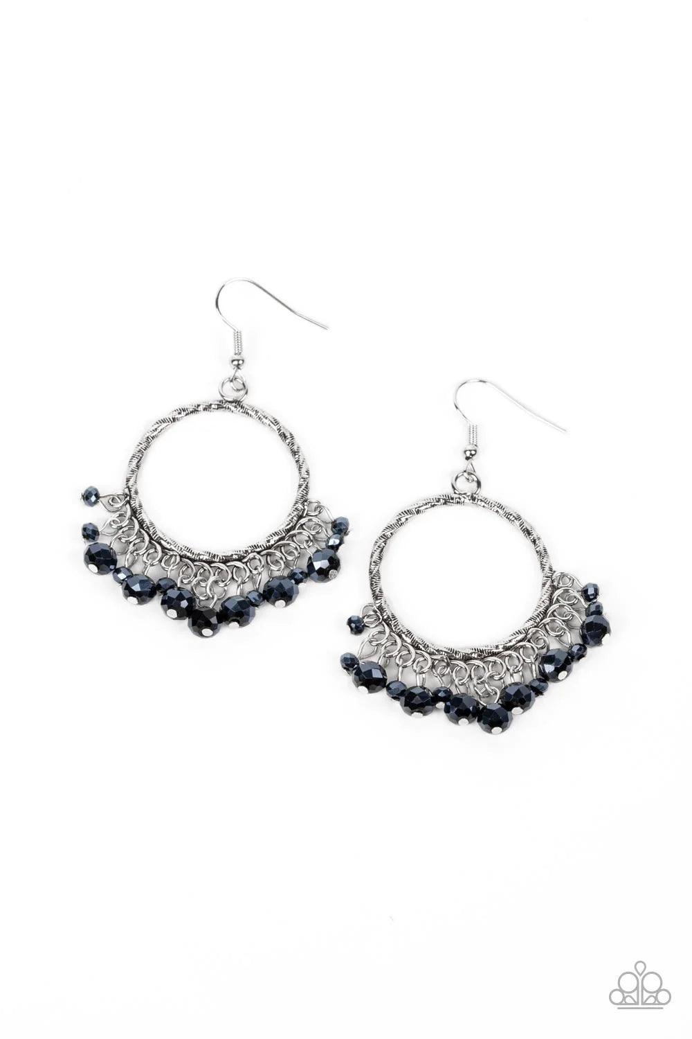 Paparazzi Accessories As if by Magic - Blue Dainty metallic blue crystal-like beads sparkle at the bottom of a textured silver hoop, resulting in a glittery fringe. Earring attaches to a standard fishhook fitting. Sold as one pair of earrings. Jewelry