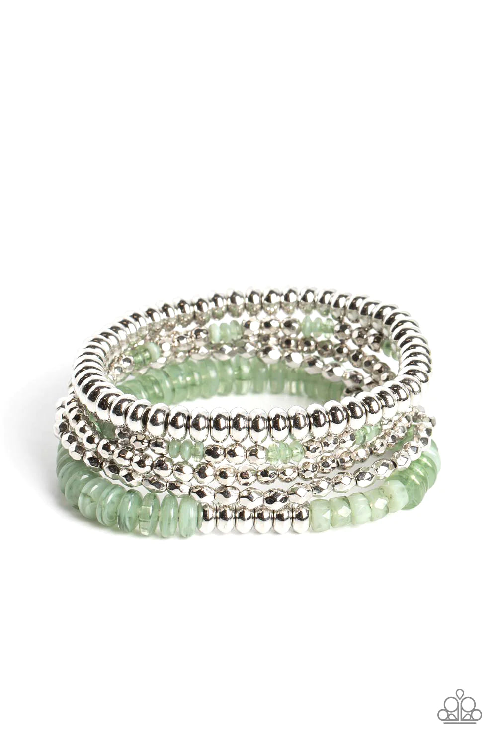 Paparazzi Accessories Pristine Pixie Dust - Green Varying sizes and textures of silver beads combine with a collection of solid, milky, and cloudy beads in varying sizes, to create a playful stack of bracelets that layer across elastic stretchy bands. Fea