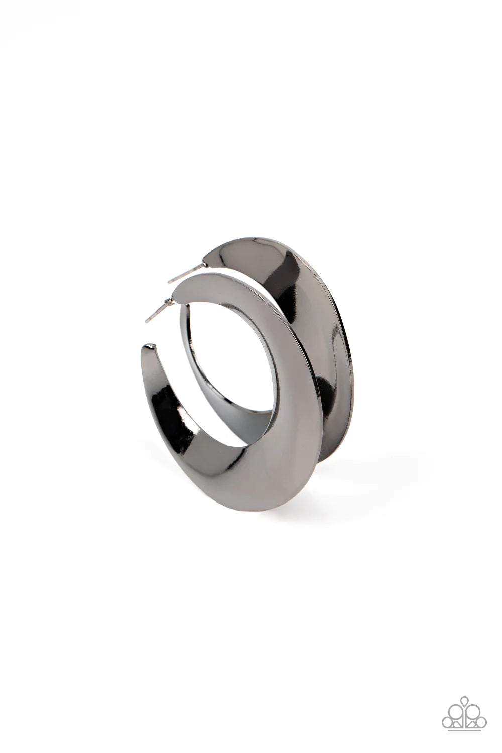 Paparazzi Accessories Power Curves - Black A flat gunmetal hoop widens and bevels at the center, curving into a dramatic shimmer. Earring attaches to a standard post fitting. Hoop measures approximately 2" in diameter. Sold as one pair of hoop earrings. J
