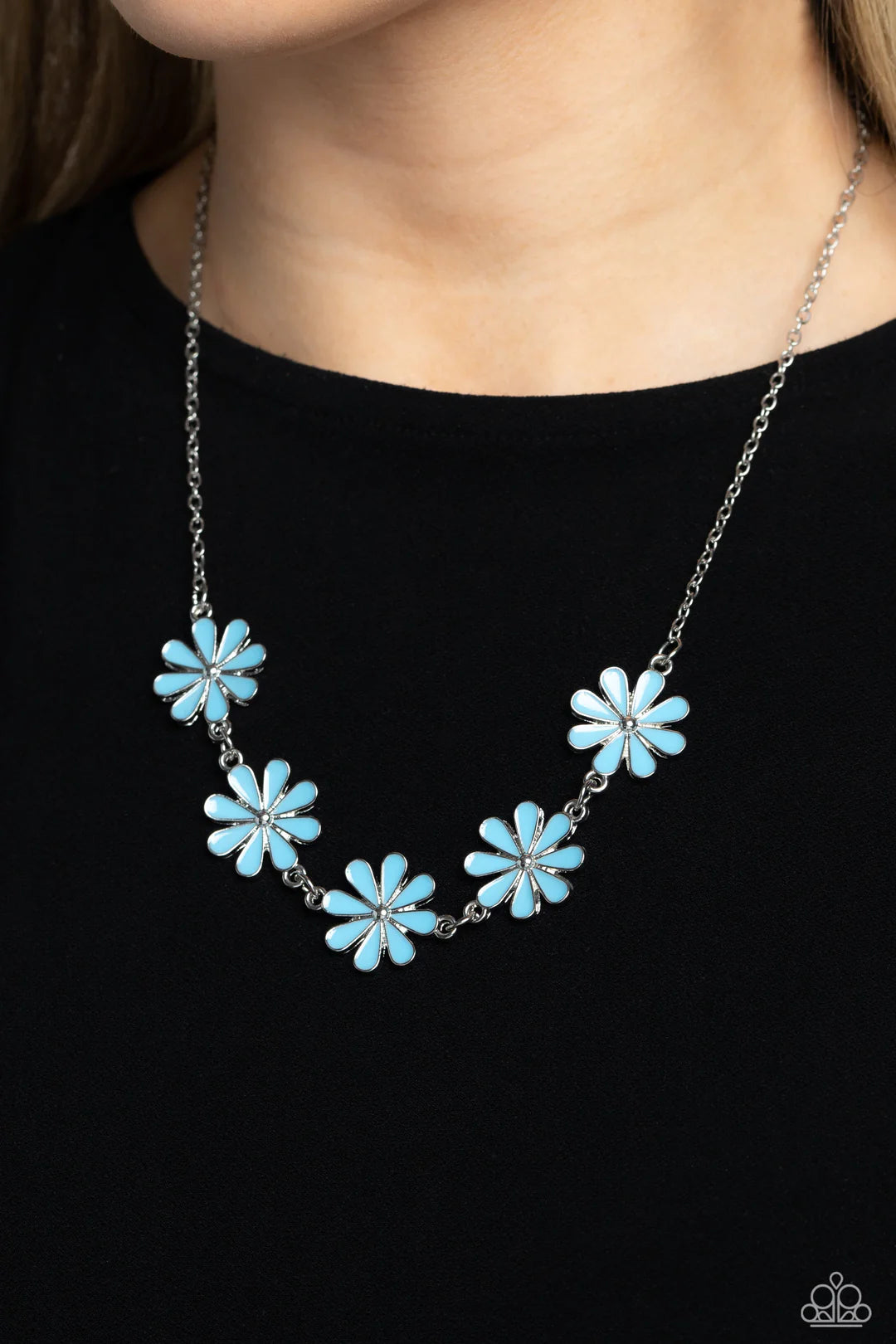 Paparazzi Accessories Flora Fantasy - Blue Five daisies, brushed in a pearly blue shade, link across the neckline from a dainty silver chain for a vibrant, floral flourish. Features an adjustable clasp closure. Sold as one individual necklace. Includes on