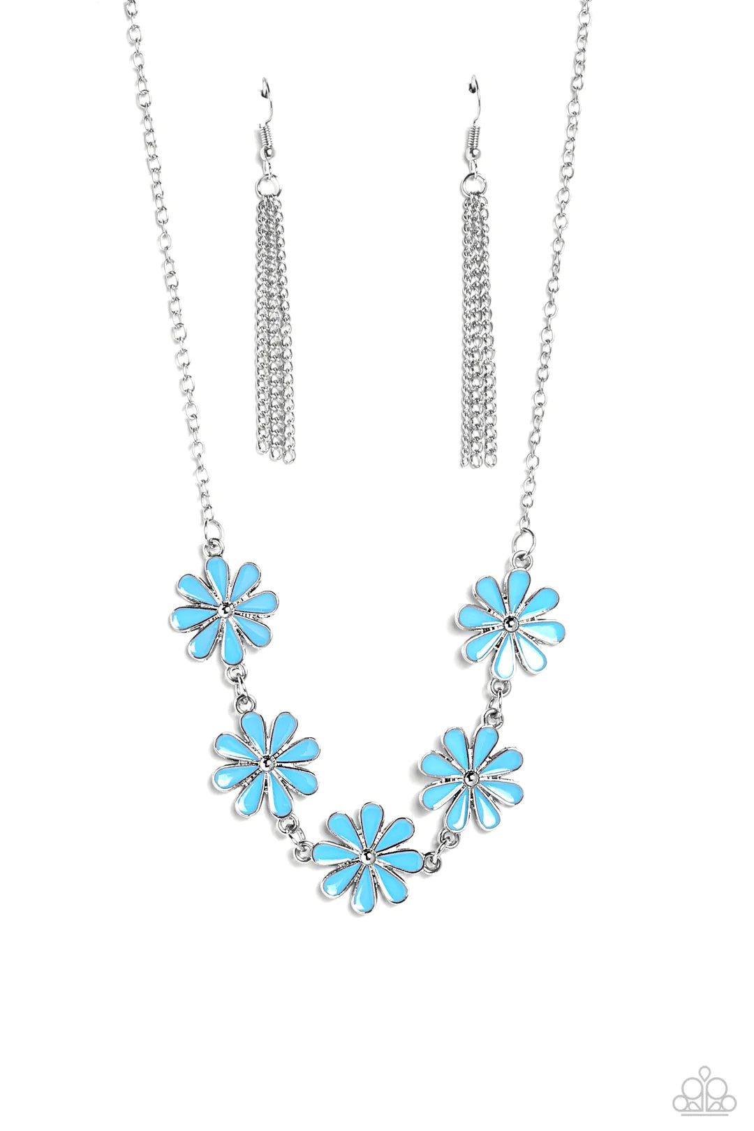 Paparazzi Accessories Flora Fantasy - Blue Five daisies, brushed in a pearly blue shade, link across the neckline from a dainty silver chain for a vibrant, floral flourish. Features an adjustable clasp closure. Sold as one individual necklace. Includes on