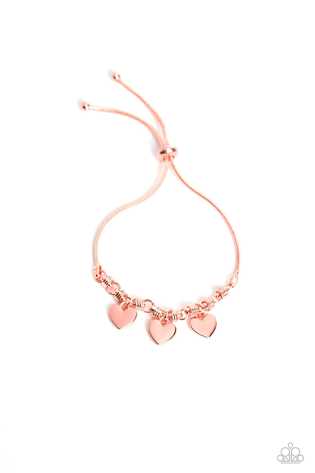 Paparazzi Accessories Romance Tale - Copper Dangling from a shiny copper snake chain, a trio of shiny copper hearts link across the wrist for a dash of swoon-worthy sheen. Infused along the heart chain, shiny copper spiral-like accents add additional text