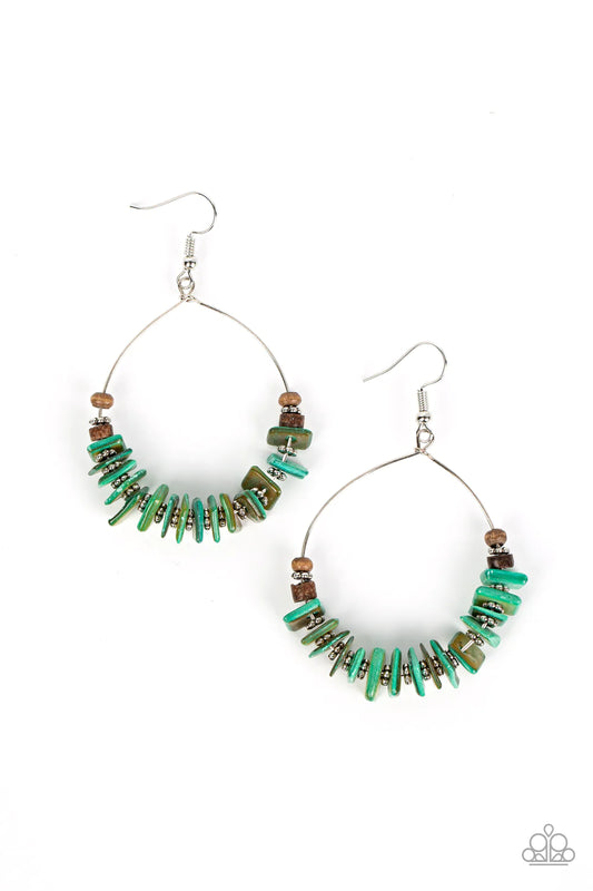 Paparazzi Accessories Hawaiian Kiss - Green Infused with earthy wooden accents, studded silver rings and pieces of green shell-like pebbles alternate along a dainty wire hoop for a tropical inspiration. Earring attaches to a standard fishhook fitting. Sol