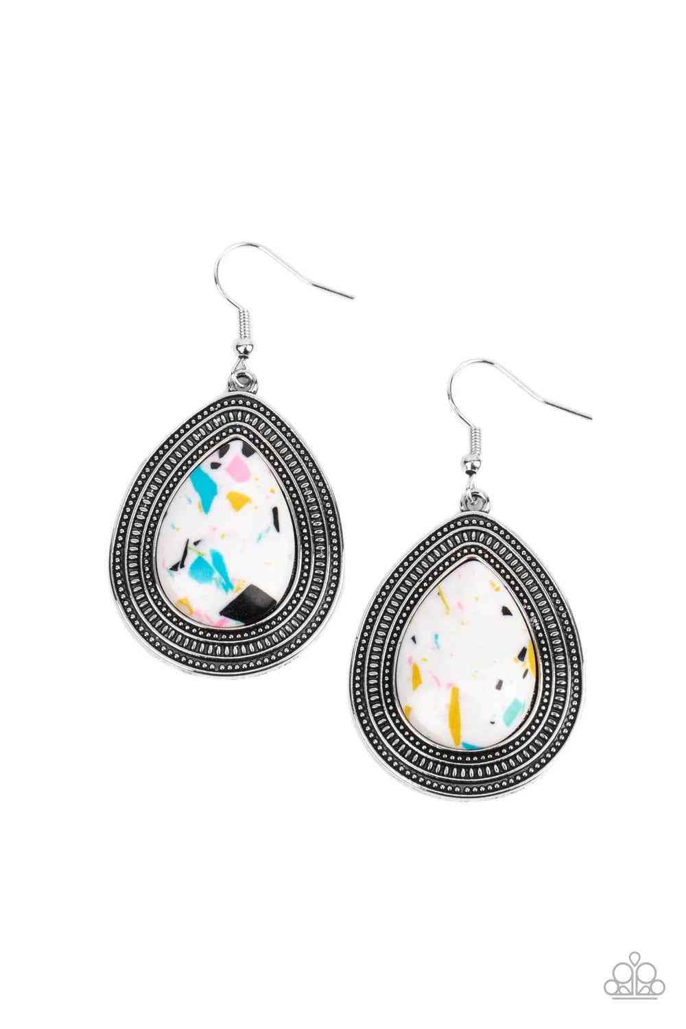 Paparazzi Accessories Terrazzo Tundra - Multi Featuring a colorful terrazzo pattern, a white teardrop stone is pressed into the center of a silver frame studded and embossed in borders of tribal inspired textures. Earring attaches to a standard fishhook f