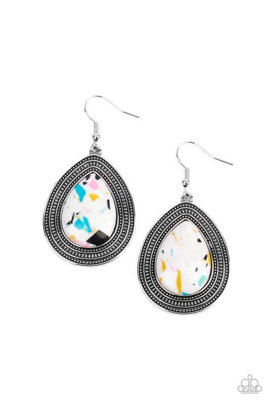Paparazzi Accessories Terrazzo Tundra - Multi Featuring a colorful terrazzo pattern, a white teardrop stone is pressed into the center of a silver frame studded and embossed in borders of tribal inspired textures. Earring attaches to a standard fishhook f