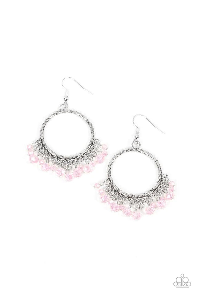 Paparazzi Accessories As if by Magic - Pink Dainty Gossamer Pink crystal-like beads sparkle at the bottom of a textured silverhoop, resulting in a glittery fringe. Earring attaches to a standard fishhook fitting. Jewelry