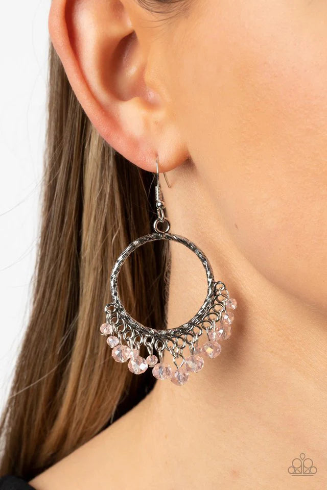 Paparazzi Accessories As if by Magic - Pink Dainty Gossamer Pink crystal-like beads sparkle at the bottom of a textured silverhoop, resulting in a glittery fringe. Earring attaches to a standard fishhook fitting. Jewelry