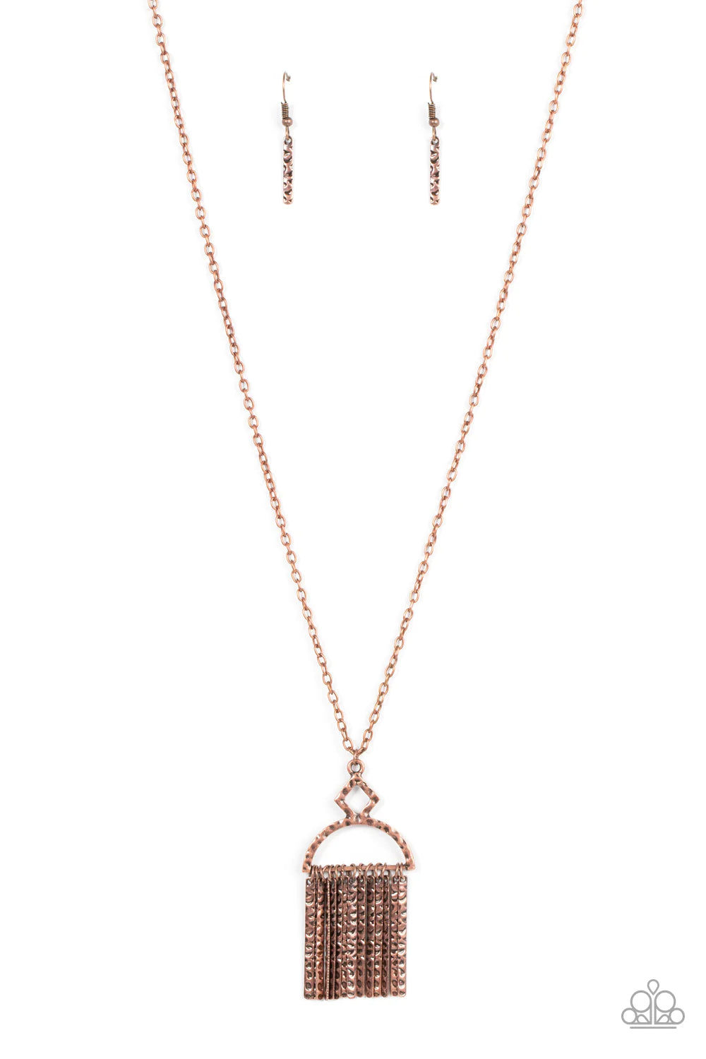 Paparazzi Accessories Getting of the Hang of Things - Copper A rustic fringe of hammered cooper pendulums swings from the bottom of a hammered geometric pendant. The half moon-like pendant swings from the bottom of an extended copper chain, creating a noi