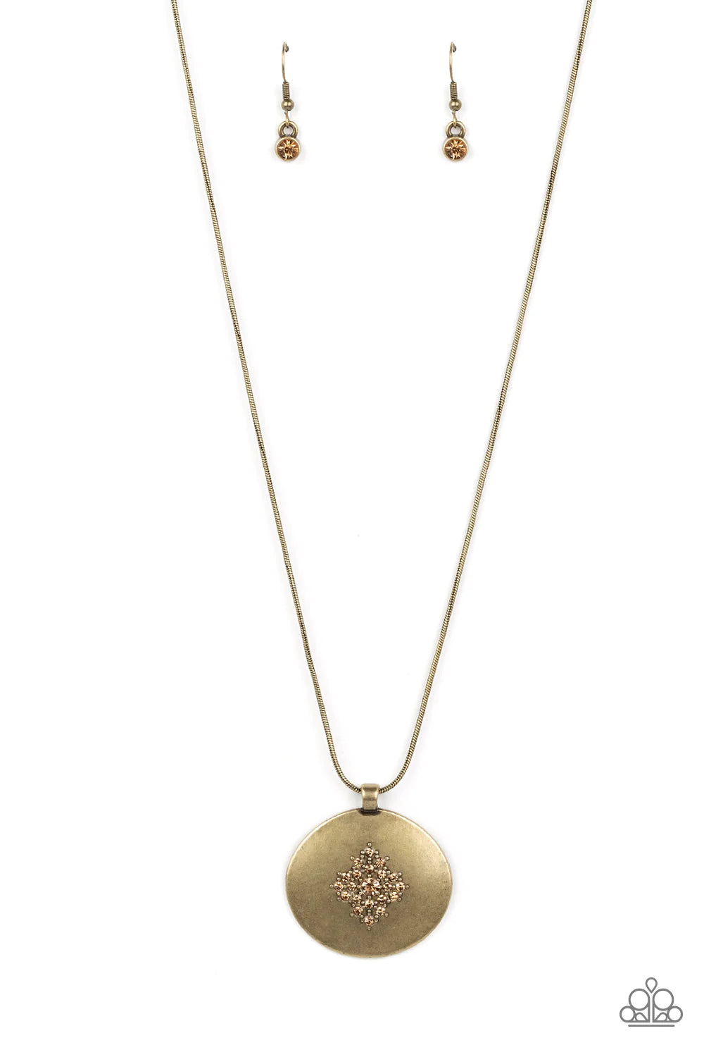 Paparazzi Accessories Center of the Cosmos - Brass Golden topaz rhinestones scatter into a starry accent at the center of an oval brass frame, creating a celestial pendant below the collar. Features an adjustable clasp closure. Sold as one individual neck