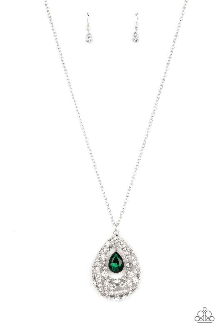 Paparazzi Accessories Glitz and GLOW - Green A small teardrop, crystal-like emerald green gem is pressed into a sleek, silver frame as it's suspended from a larger gem and rhinestone-dusted airy teardrop frame. The various sizes of crystal-like gems and w