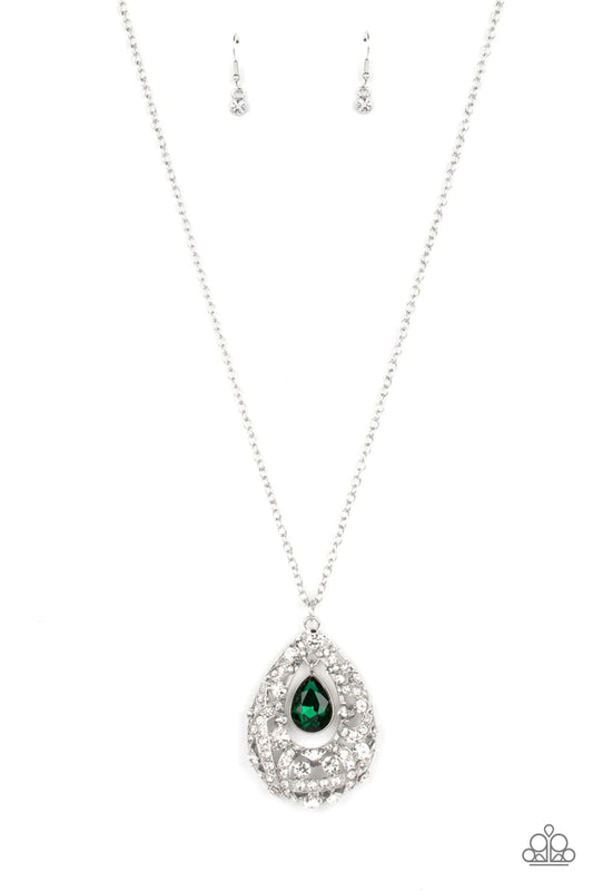 Paparazzi Accessories Glitz and GLOW - Green A small teardrop, crystal-like emerald green gem is pressed into a sleek, silver frame as it's suspended from a larger gem and rhinestone-dusted airy teardrop frame. The various sizes of crystal-like gems and w