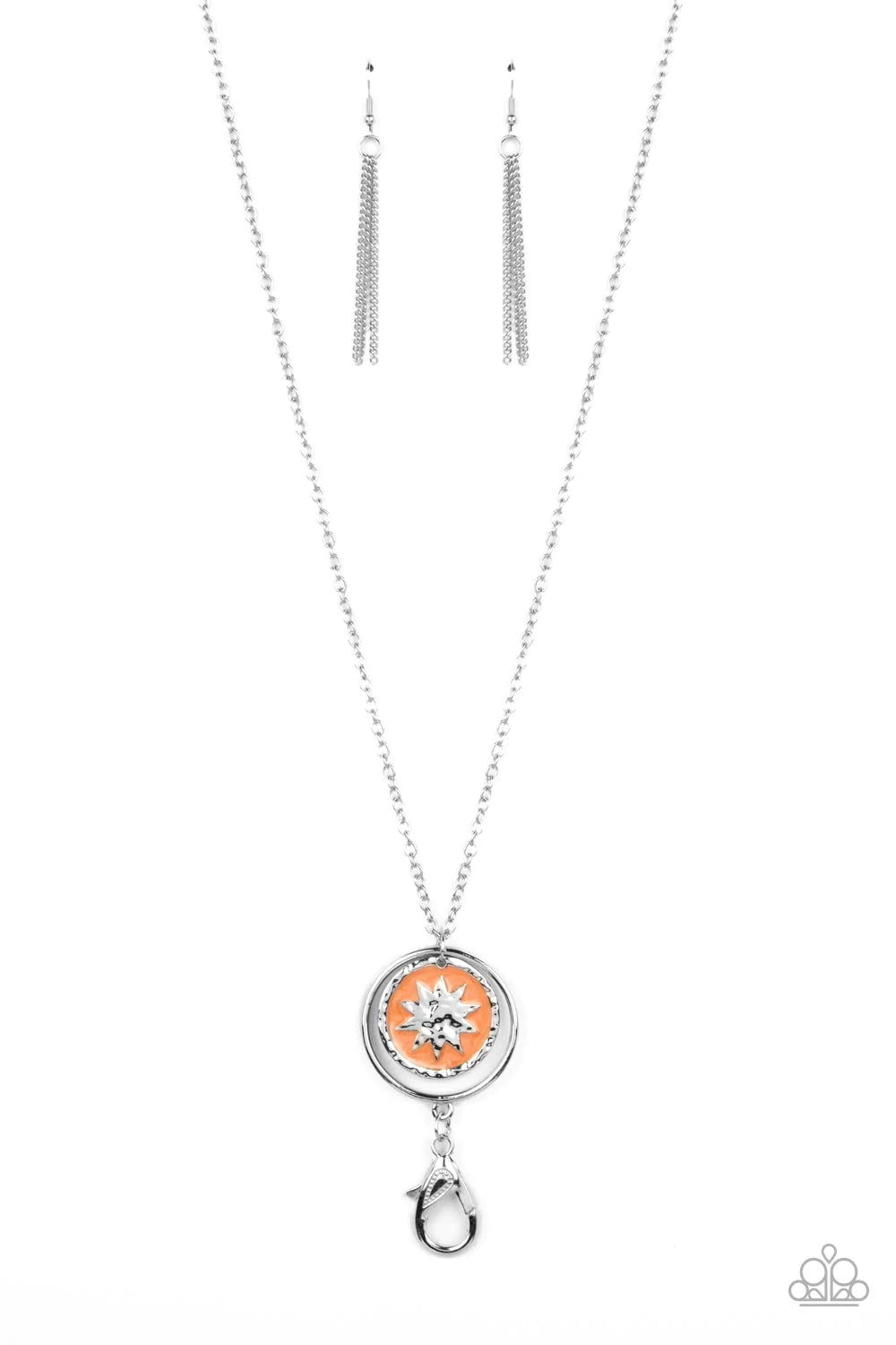 Paparazzi Accessories Cretian Crest - Orange Dangling from an airy silver hoop, a silver hammered ring borders a circular pendant. Brilliantly shining within the pendant, a sun-inspired shape, surrounded by pearly orange paints adds a refined pop of color