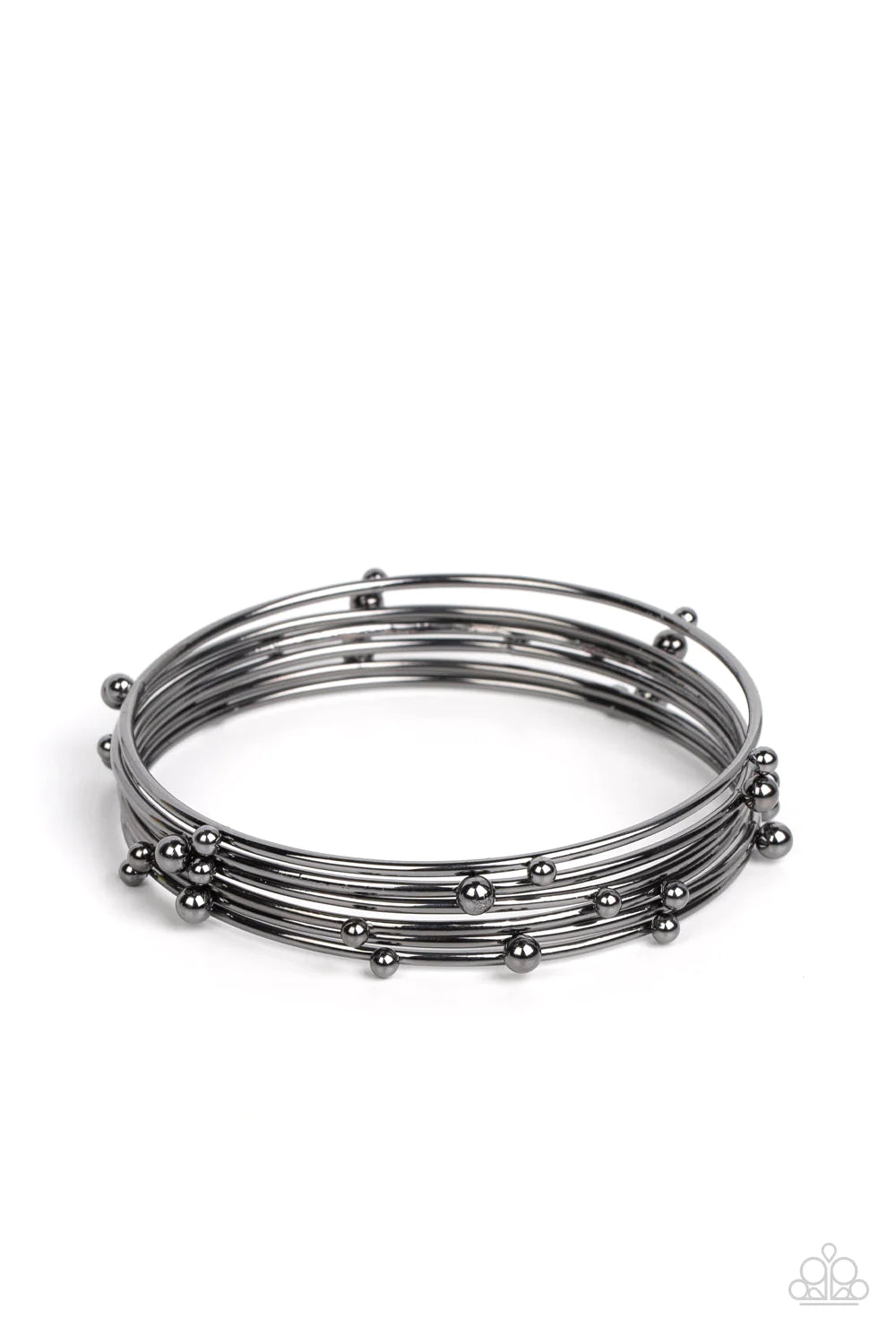 Paparazzi Accessories Metro Satellite - Black Haphazardly dotted with gunmetal studs of varying sizes, a glistening stack of gunmetal bangles glides along the wrist for a noise-making shimmer. Sold as one set of six bracelets. Jewelry