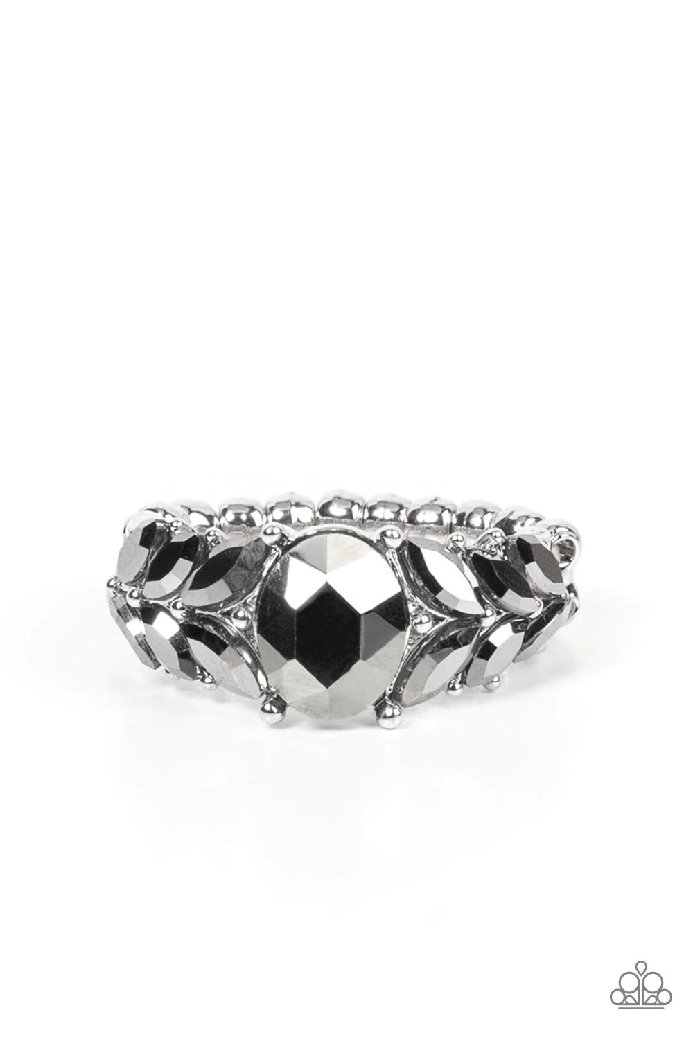 Paparazzi Accessories Smooth Smolder - Silver Pairs of marquise cut hematite rhinestones fan out from an oversized hematite rhinestone, creating glitzy leafy accents across the front of a dainty and studded silver band. Features a dainty stretchy band for