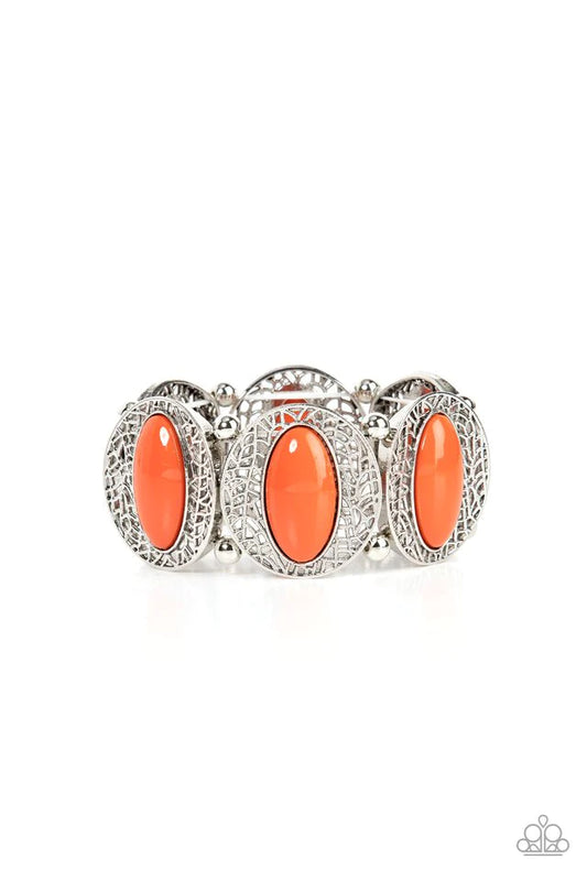 Paparazzi Accessories Eastern Escapade - Orange Bordered in airy stenciled frames, burnt orange beaded silver frames join pairs of silver beads along stretchy bands along the wrist for a seasonal pop of color. Jewelry