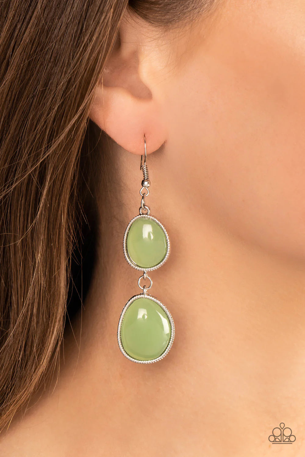 Paparazzi Accessories Mediterranean Myth - Green Set in textured silver frames, two asymmetrical Basil beads link into a colorful lure for a summery fashion. Earring attaches to a standard fishhook fitting. Sold as one pair of earrings. Jewelry