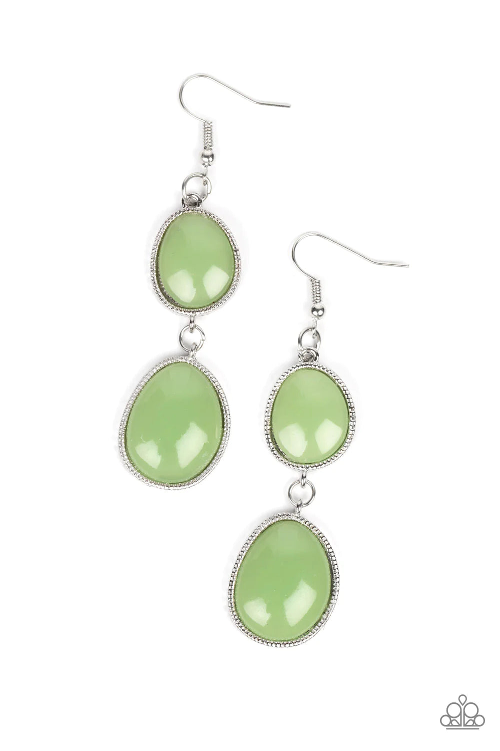 Paparazzi Accessories Mediterranean Myth - Green Set in textured silver frames, two asymmetrical Basil beads link into a colorful lure for a summery fashion. Earring attaches to a standard fishhook fitting. Sold as one pair of earrings. Jewelry