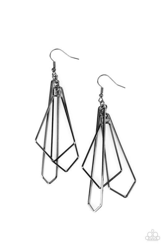 Paparazzi Accessories Shape Shifting Shimmer - Black A mismatched collection of flared geometric gunmetal frames link into a layered lure, creating an edgy metallic tassel. Earring attaches to a standard fishhook fitting. Sold as one pair of earrings. Jew