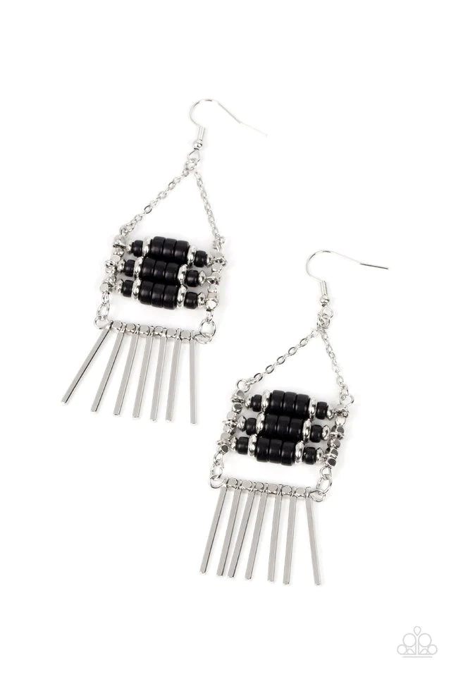 Paparazzi Accessories Tribal Tapestry - Black Rows of cylindrical silver and black stone beads are threaded along metal rods between faceted silver cubes. Silver rods stream out from the bottom of the stacked display, resulting in an earthy fringe. Earrin