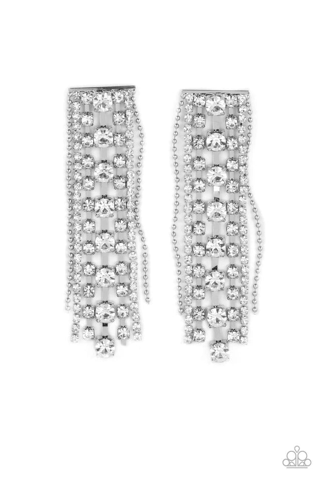 Paparazzi Accessories Starry Streamers - White Set in square silver fittings, strands of sparkly white rhinestones streams out from the bottom of a rectangular silver frame. Flanked by dainty silver ball chains, the sparkling fringe tapers into a tangible