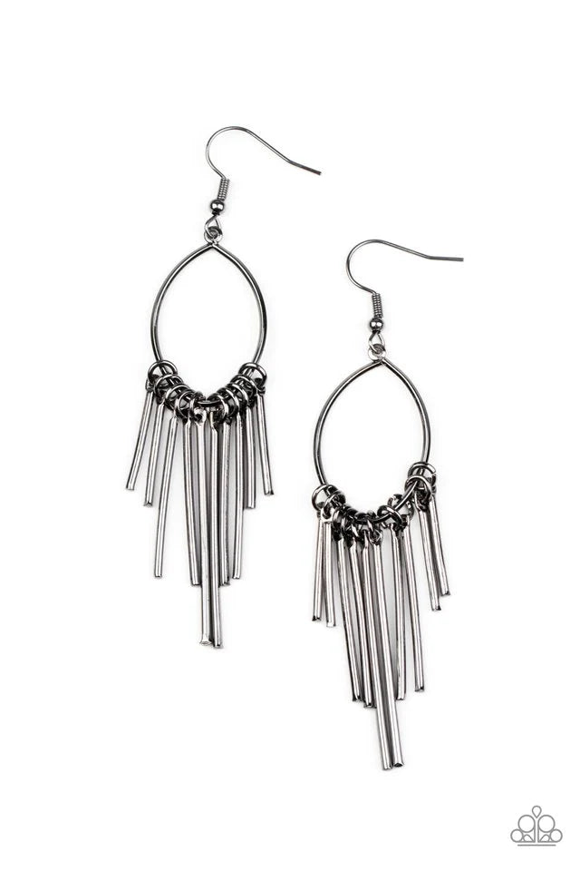 Paparazzi Accessories Mood Swing - Black A curtain of gunmetal rods swings from the bottom of an airy teardrop hoop, creating an edgy tapered fringe. Earring attaches to a standard fishhook fitting Jewelry