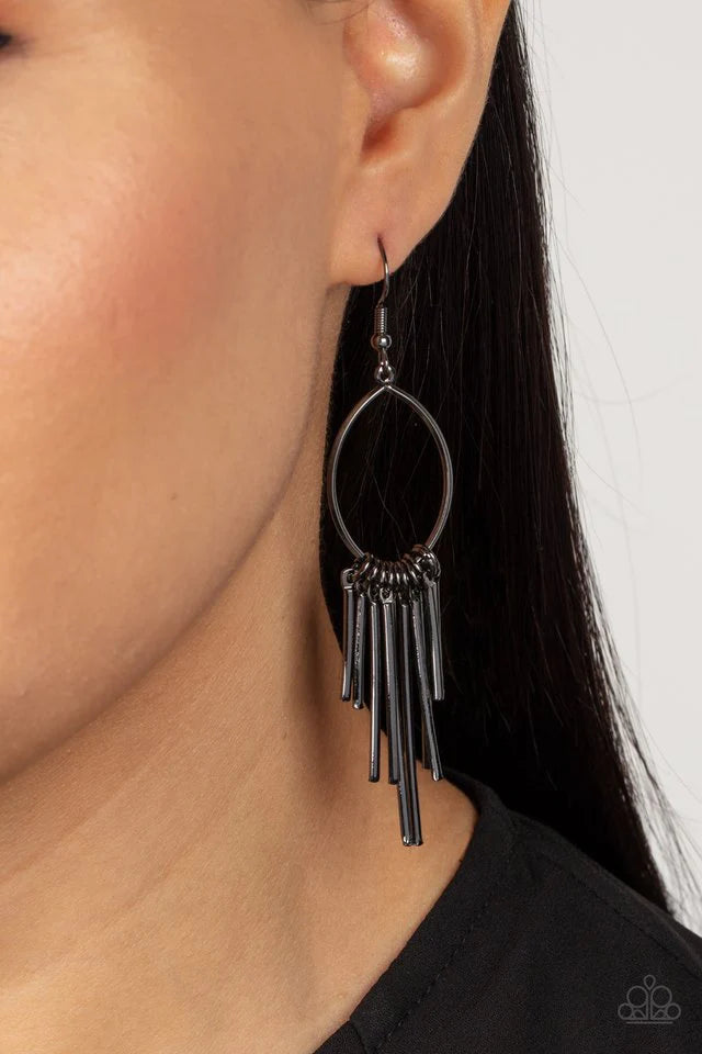 Paparazzi Accessories Mood Swing - Black A curtain of gunmetal rods swings from the bottom of an airy teardrop hoop, creating an edgy tapered fringe. Earring attaches to a standard fishhook fitting Jewelry