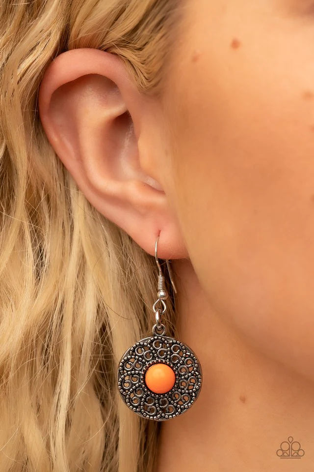 Paparazzi Accessories Detail Oriented - Orange Dotted with bubbly orange beads, silverdiscs spinning with swirly petal motifs gradually increase in size as they link below the collar for a statement-making floral fashion. Features an adjustable clasp clos