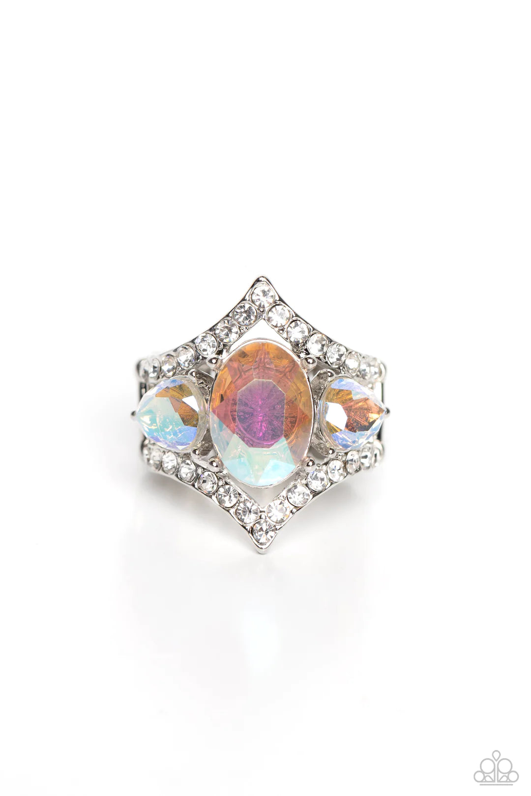 Paparazzi Accessories Bow Down to Dazzle - White An oversized iridescent oval gem is flanked by a pair of iridescent teardrop rhinestones atop a white rhinestone dotted frame, resulting in a dramatic dazzle atop the finger. Features a stretchy band for a