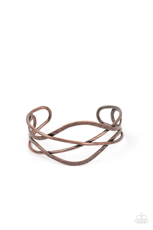 Paparazzi Accessories Fierce Fusion - Copper Antiqued copper bars and hammered copper ribbons delicately crisscross and whirl around the wrist into a solitaire cuff, creating a flawless fusion of rustic shimmer. Jewelry