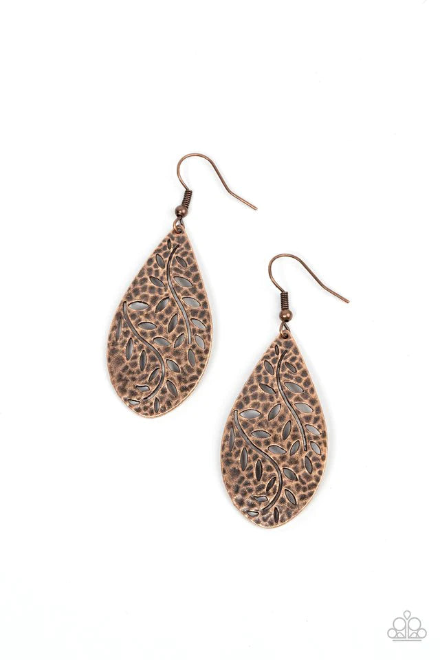 Paparazzi Accessories Vineyard Vanity - Copper A hammered copper teardrop is stenciled in an airy leafy pattern, resulting in a rustic lure. Earring attaches to a standard fishhook fitting. Jewelry