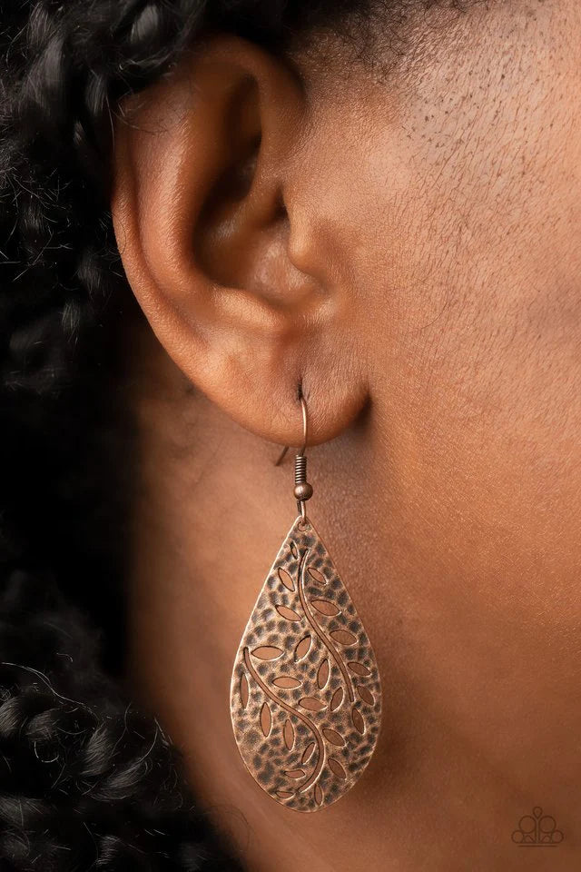 Paparazzi Accessories Vineyard Vanity - Copper A hammered copper teardrop is stenciled in an airy leafy pattern, resulting in a rustic lure. Earring attaches to a standard fishhook fitting. Jewelry