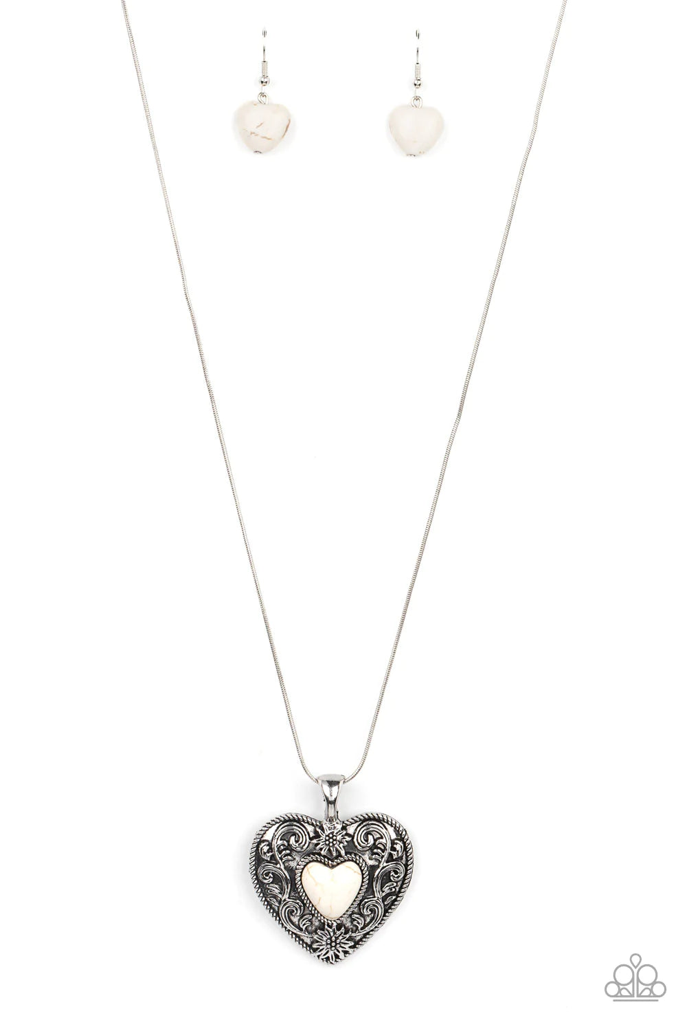 Paparazzi Accessories Wholeheartedly Whimsical - White Embossed in whimsical flowers and vines, a rustic silver heart frame is adorned with a white stone heart center for an adoring artisan finish as it glides along a rounded silver snake chain across the